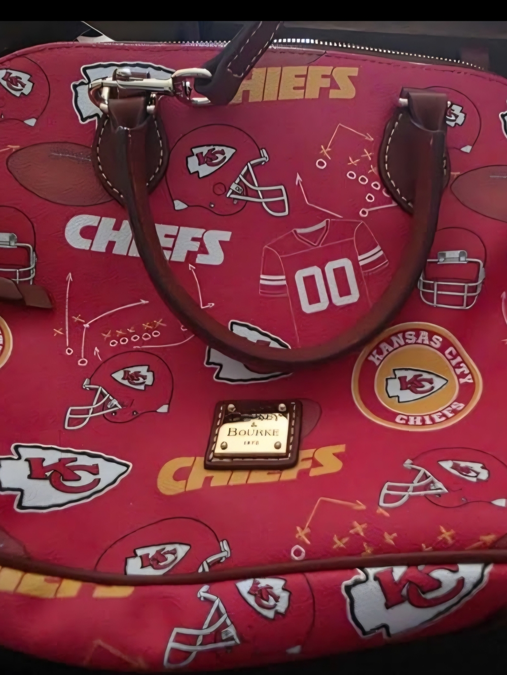 Discontinued Dooney & Bourke Kansas City Chiefs Red Logo Tote with Brown Handles
